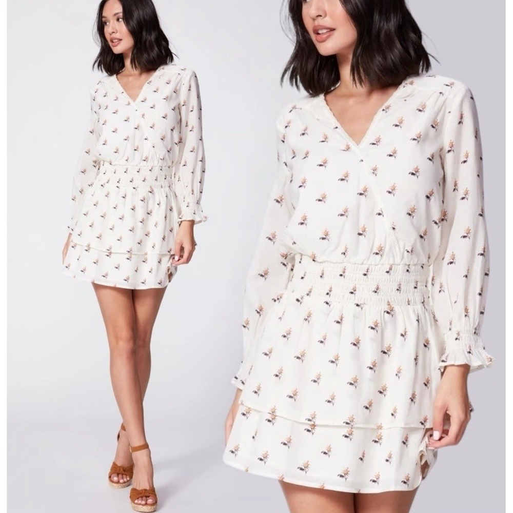 Paige Women's Serrano Ivory Floral Peasant‎ Dress Smocked Tiered Skirt XS $250